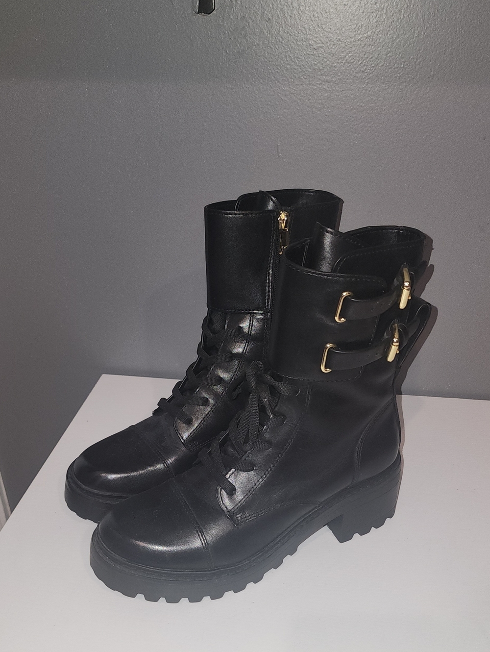 DKNY Black Lace-Up Combat Boots with Gold Buckle Hardware